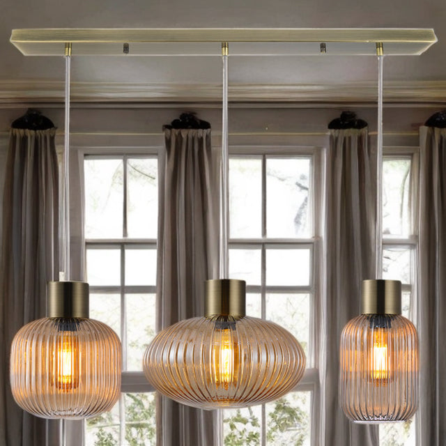 Antique Brass W/ Ribbed Amber Glass Skytech Pendant