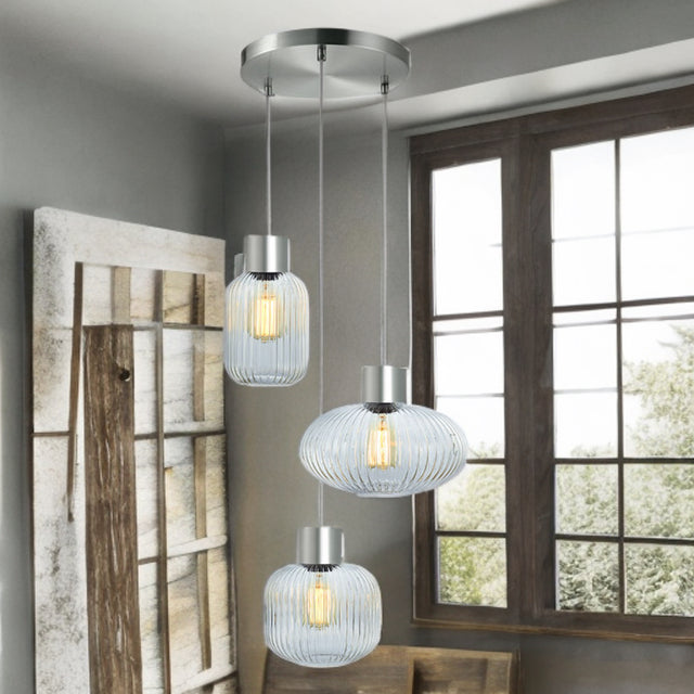 Satin Nickel W/ Ribbed Clear Glass Skytech Pendant