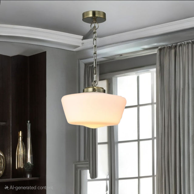 Elegant Antique Brass/ Opal Glass School House Globe Pendant Ip44