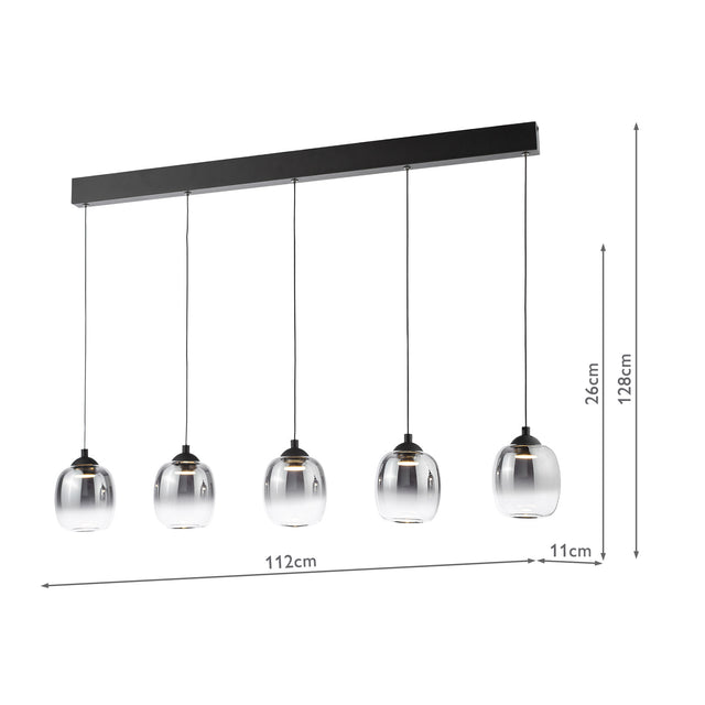 Ramona 5 Light Bar Pendant Matt Black and Smoked Ombre Glass LED