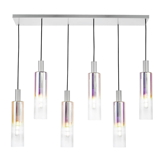 Ruben 6 Light Bar Pendant Satin Silver and Ribbed Iridised Glass