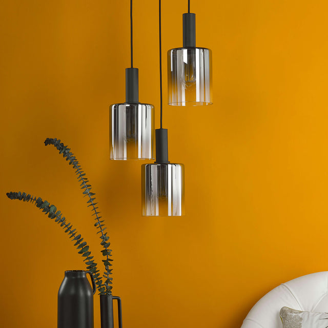 Savannah 3 Light Cluster Pendant Matt Black and Smoked Glass