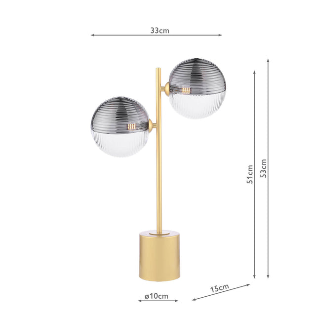 Spiral 2 Light Table Lamp Matt Gold & Smoked/Clear Ribbed Glass