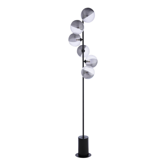 Spiral 6 Light Floor Lamp Matt Black & Smoked/Clear Ribbed Glass