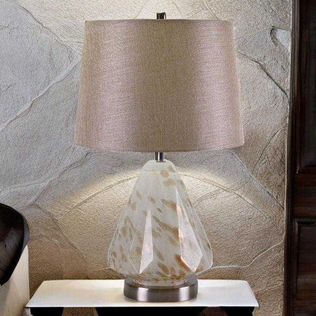 Charming Mottled White And Amber Glass Lamp With Antique Brass Base And Oatmeal Shade