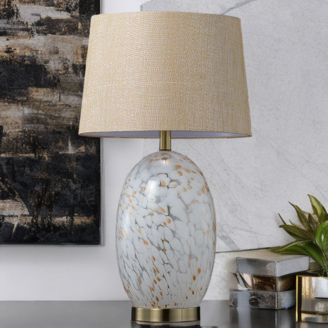 Charming Mottled White And Amber Glass Lamp With Antique Brass Base And Oatmeal Shade