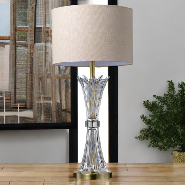 Elegant Glass Table Lamp With Antique Brass Base And Oatmeal Shade
