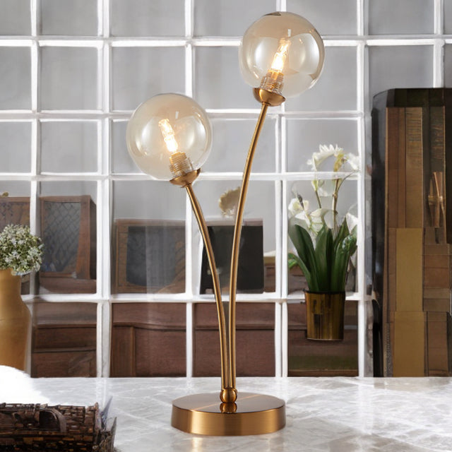 Matt Brass W/ Amber Globe Glass Shades Table Lamp
