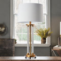 Matt Brass & Glass Column Table Lamp C/W Beige Shade