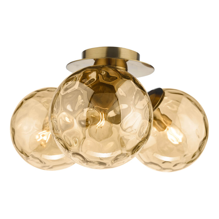 Ulrika 3 Light Semi-Flush Antique Brass and Amber Glass