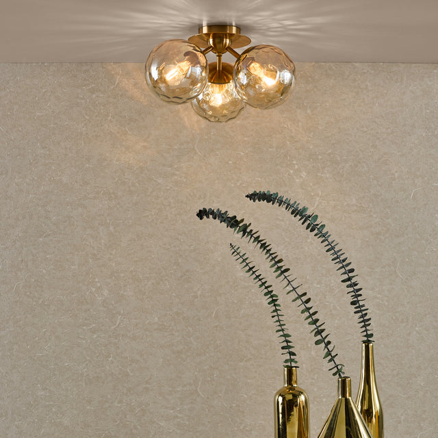 Ulrika 3 Light Flush Antique Brass and Amber Glass
