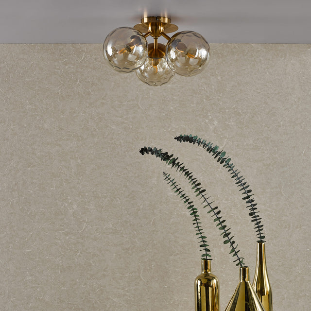 Ulrika 3 Light Flush Antique Brass and Amber Glass