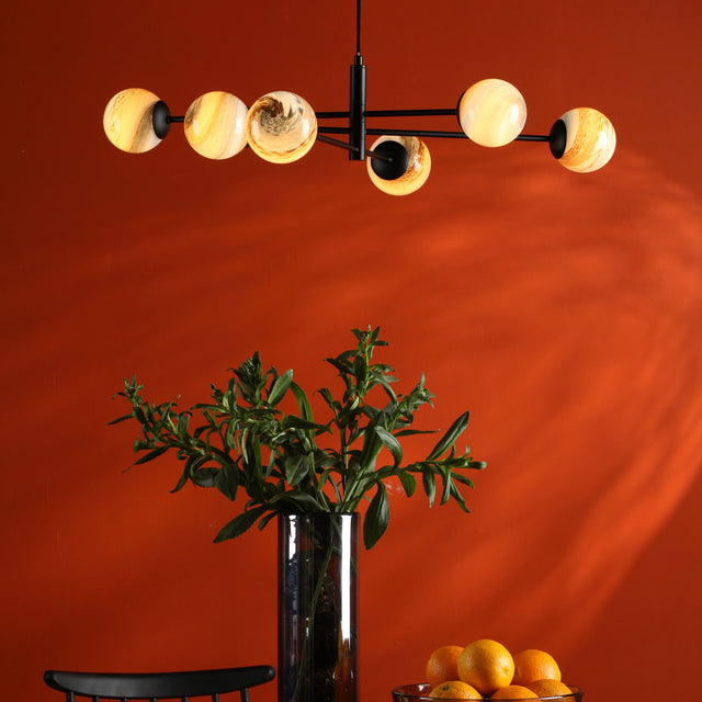 Vignette 6 Light Pendant Matt Black & Planet Style Glass