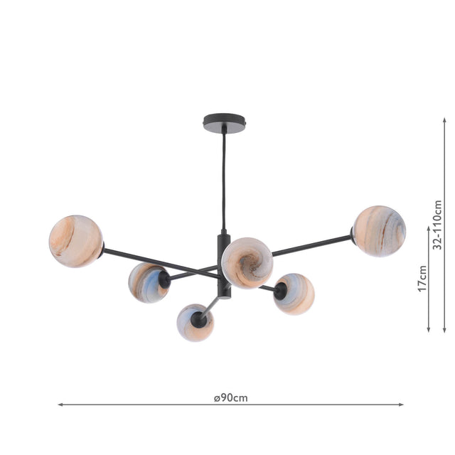 Vignette 6 Light Pendant Matt Black & Planet Style Glass