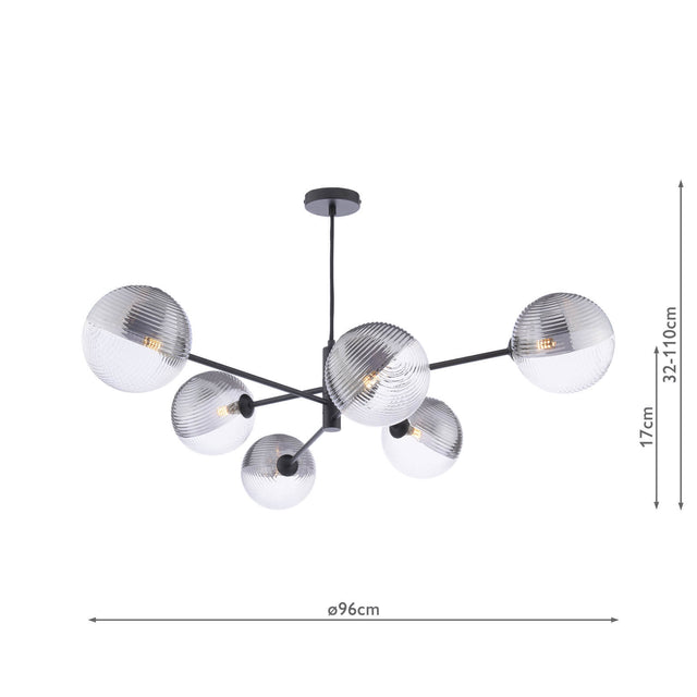 Vignette 6 Light Pendant Matt Black & Smoked/Clear Ribbed Glass