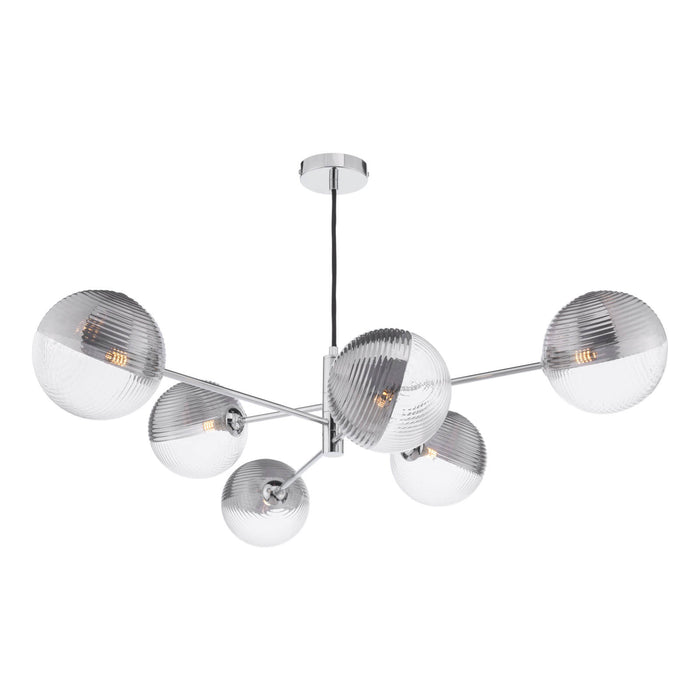 Vignette 6 Light Pendant Polished Chrome & Smoked/Clear Ribbed Glass