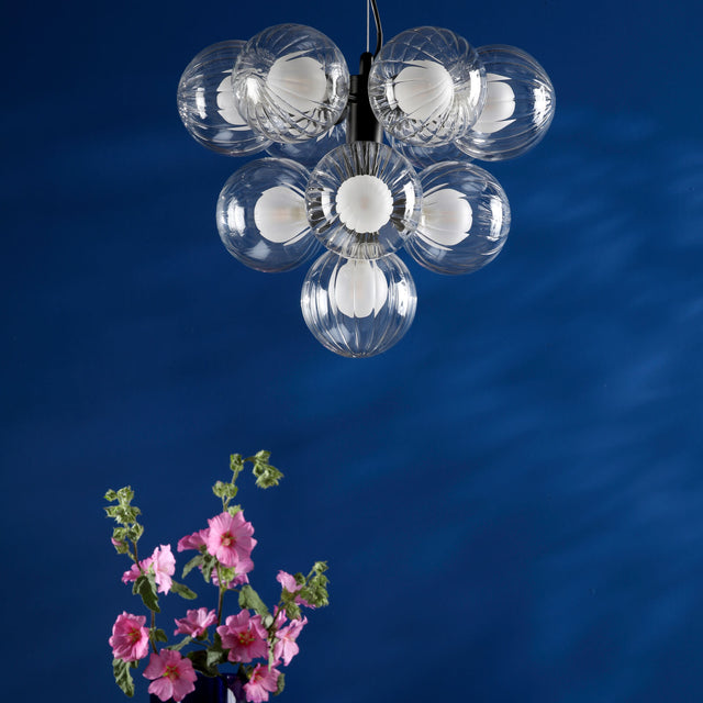 Vine 10 Light Pendant Satin Black & Clear/Opal Glass
