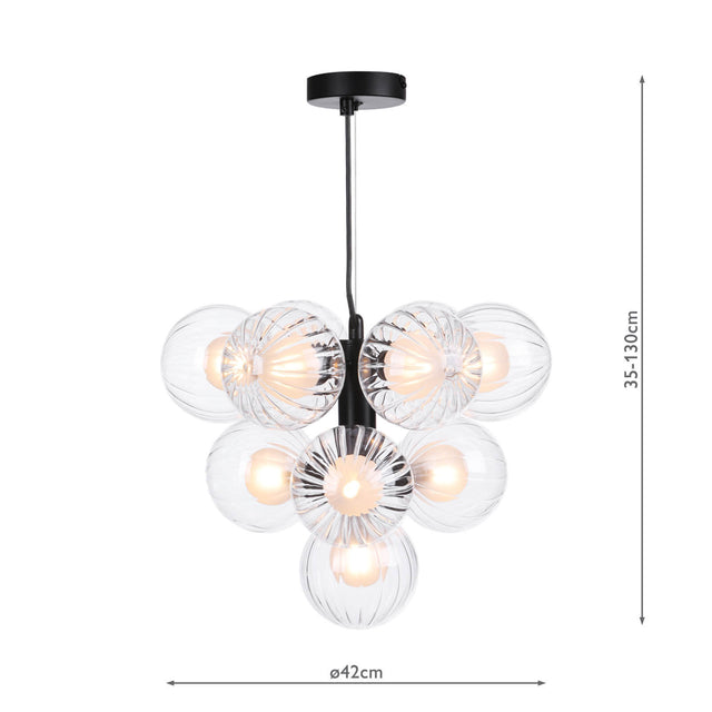 Vine 10 Light Pendant Satin Black & Clear/Opal Glass