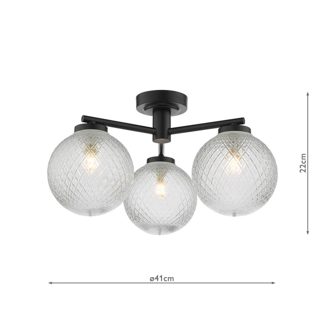 Wayne Bathroom 3 Light Semi Flush Matt Black Glass IP44