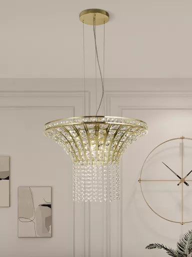 Swoop 10Lt Pendant, Satin Brass & Clear Crystal