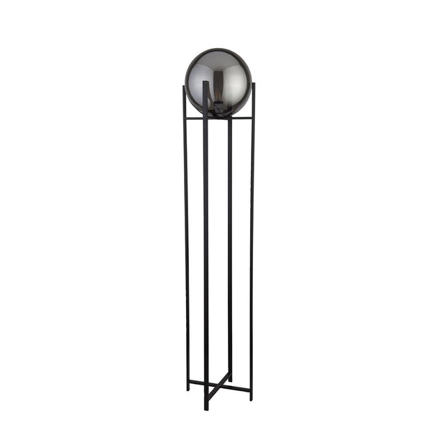 AMSTERDAM - 1LT MATT BLACK FLOOR LAMP 4 LEG BASE WITH ROUND SMOKEY GLASS SHADE