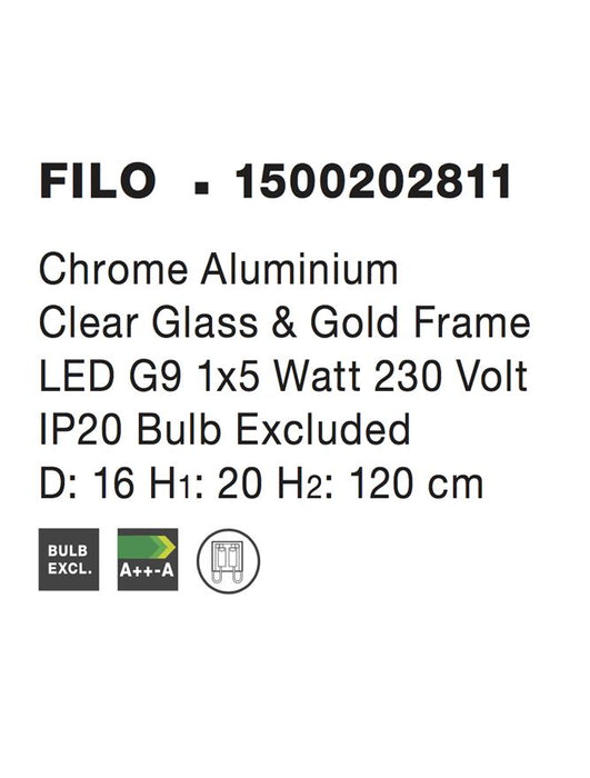 FILO Chrome Aluminium Clear Glass & Gold Frame LED G9 1x5W Bulb Excluded D: 16 H1: 20 H2: 120 cm