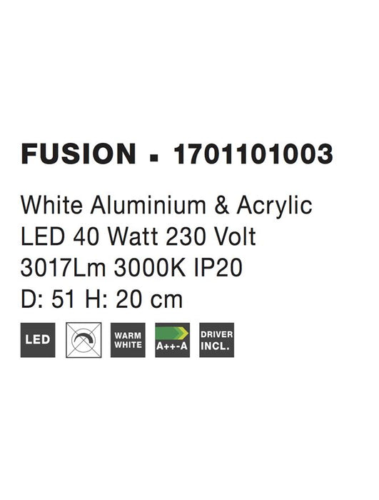 FUSION White Aluminium & Acrylic LED 40 Watt 230 Volt 3017Lm 3000K IP20 D: 51 H: 20 cm