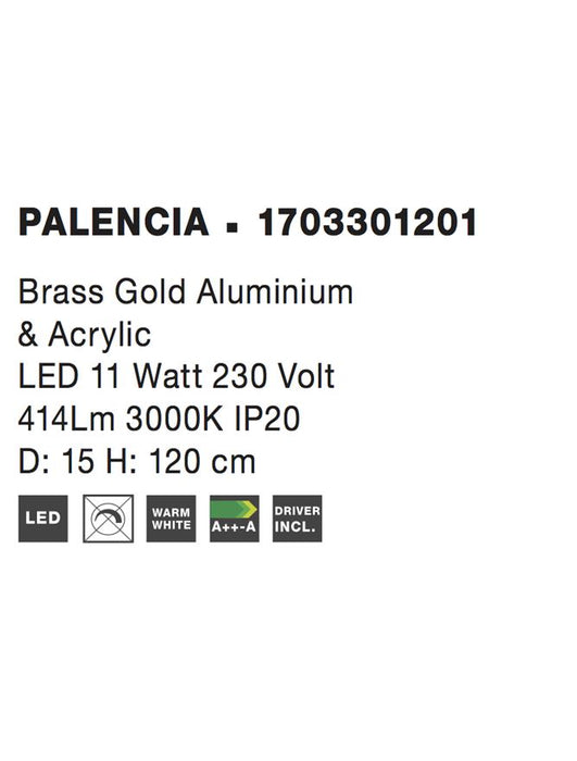 PALENCIA Satin Gold Aluminium & Acrylic LED 11 Watt 230 Volt 414Lm 3000K IP20 D: 15 H: 120 cm