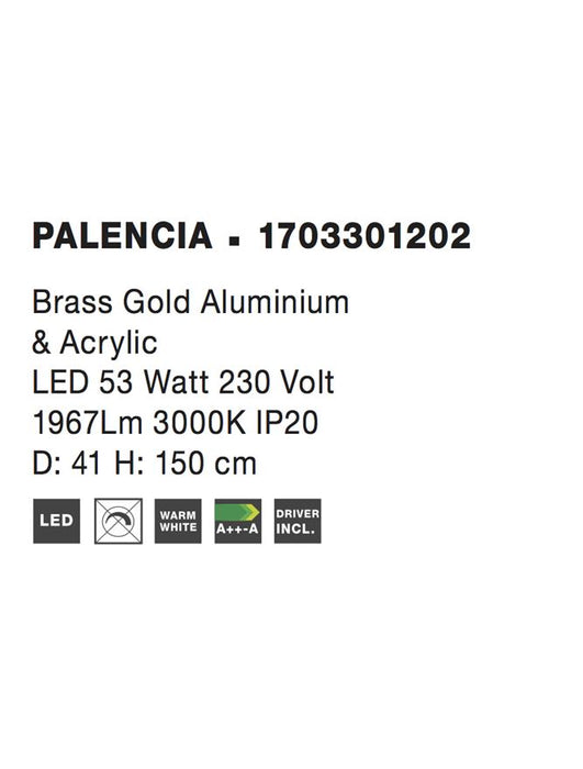 PALENCIA Satin Gold Aluminium & Acrylic LED 53 Watt 230 Volt 1967Lm 3000K IP20 D: 41 H: 150 cm