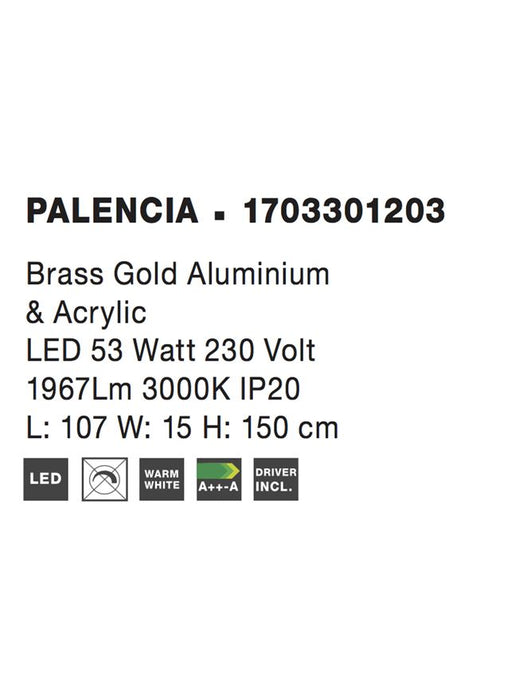 PALENCIA Satin Gold Aluminium & Acrylic LED 53 Watt 1967Lm 3000K IP20 L: 107 W: 15 H: 150 cm
