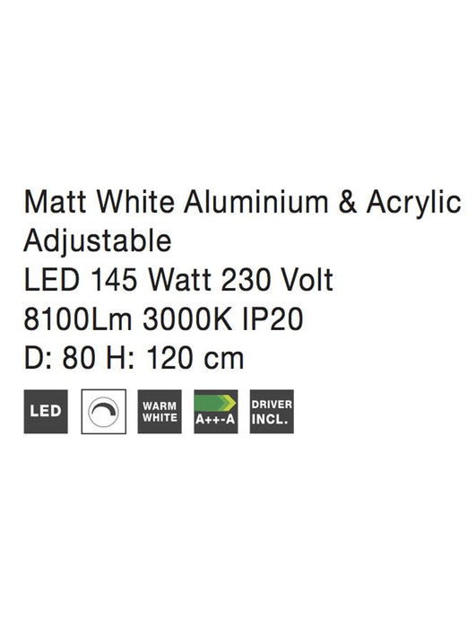 DEA Matt White Aluminium & Acrylic Adjustable LED 145 W 8100Lm 3000K IP20 D:80 H:120cm Dimmable