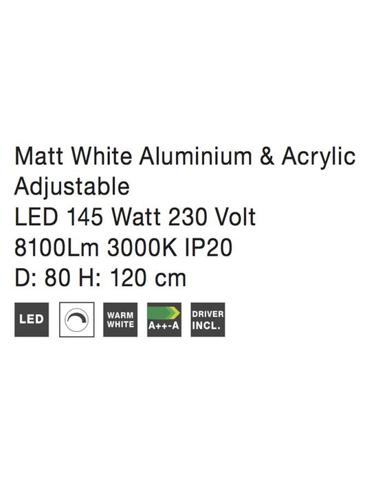 DEA Matt White Aluminium & Acrylic Adjustable LED 145 Watt 8100Lm 3000K IP20 D: 80 H: 120 cm