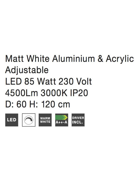 DEA Matt White Aluminium & Acrylic Adjustable LED 85W 4500Lm 3000K IP20 D: 60 H: 120cm Dimmable