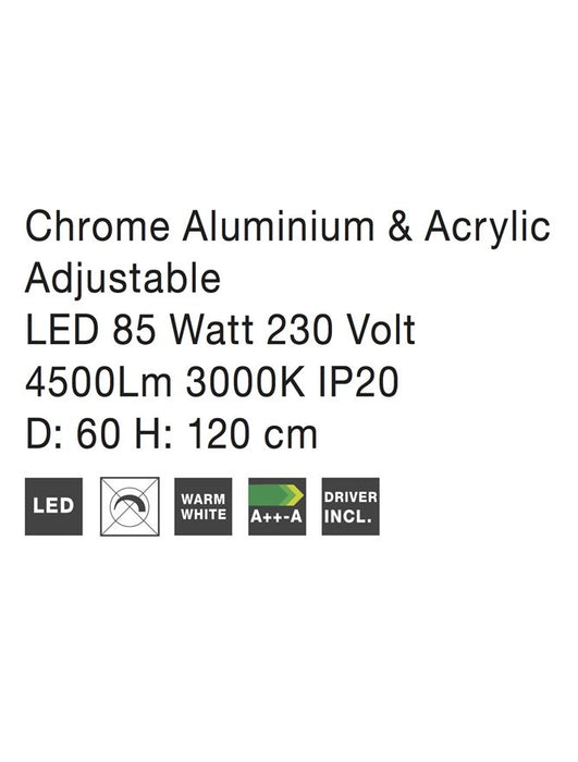 ARIA Chrome Aluminium & Acrylic Adjustable LED 85 Watt 4500Lm 3000K IP20 D: 60 H: 120 cm