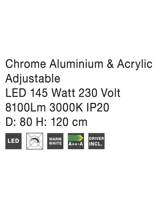 ARIA Chrome Aluminium & Acrylic Adjustable LED 145 Watt 230 Volt 8100Lm 3000K IP20 D: 80 H: 120 cm