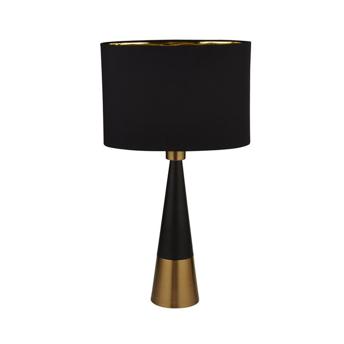 BLACK AND ANTIQUE COPPER PYRAMID TABLE LAMP WITH BLACK OVAL SHADE GOLD INNER