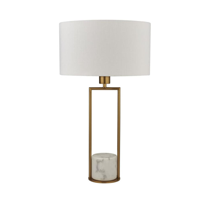 GOLD TABLE LAMP WITH WHITE MARBLE BASE AND WHITE DRUM SHADE