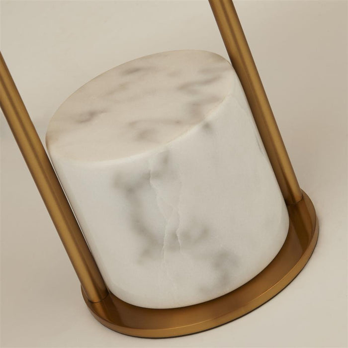 GOLD TABLE LAMP WITH WHITE MARBLE BASE AND WHITE DRUM SHADE
