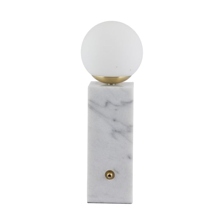 Émile Orb Glass Shade, Brushed Brass Metal and White Marble Table Lamp