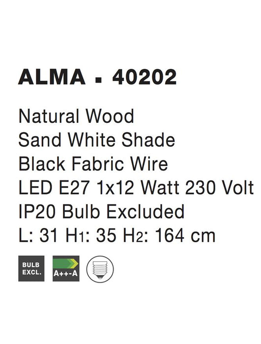 ALMA Natural Wood Sand White Shade Black Fabric Wire LED E27 1x12W Bulb Excluded L: 31 H1:35 H2:164 cm