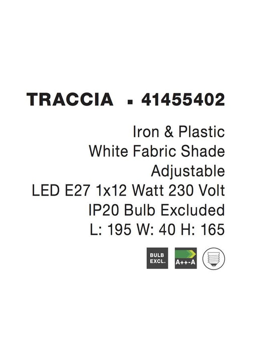 TRACCIA Iron & Plastic White Fabric Shade Adjustable LED E27 1x12 W IP20 Bulb Excluded L: 195 W: 40 H: 165