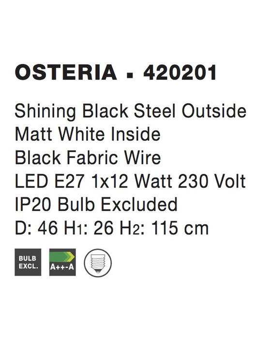 OSTERIA Shining Black Steel Outside Matt White Inside LED E27 1x12W Bulb Excluded D: 46 H1: 26 H2: 115 cm