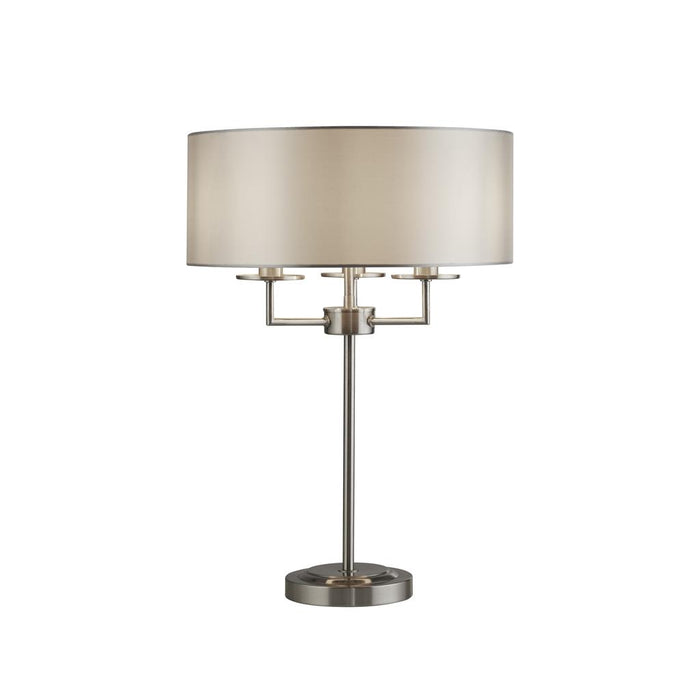 KNIGHTSBRIDGE 3LT SATIN SILVER TABLE LAMP WITH SILVER FAUX SILK SHADE