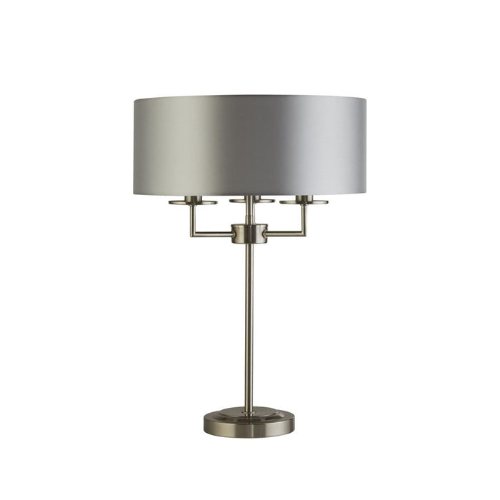KNIGHTSBRIDGE 3LT SATIN SILVER TABLE LAMP WITH SILVER FAUX SILK SHADE