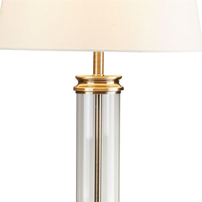 PEDESTAL TABLE LAMP - GLASS COLUMN & ANTIQUE BRASS BASE, CREAM SHADE