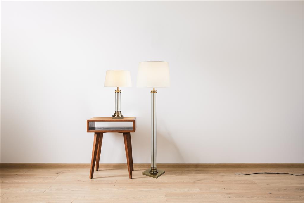 PEDESTAL FLOOR LAMP - GLASS COLUMN & ANTIQUE BRASS BASE, CREAM SHADE