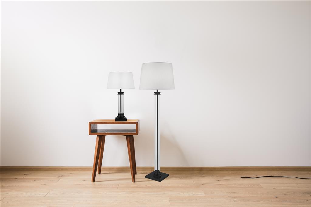 PEDESTAL FLOOR LAMP - GLASS COLUMN & BLACK BASE, WHITE SHADE
