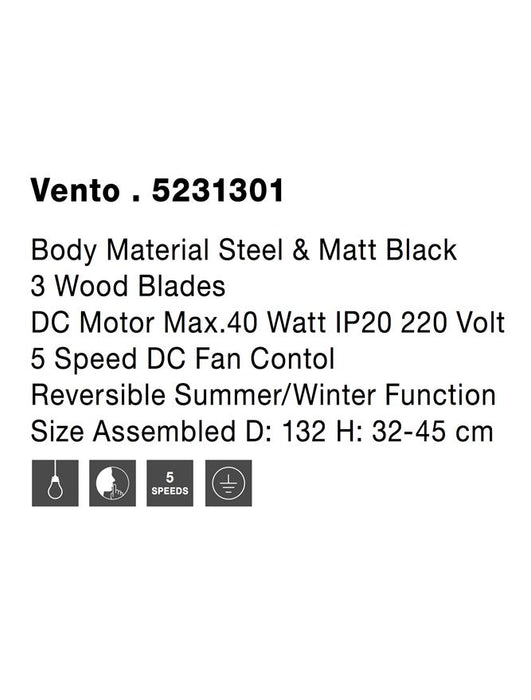 VENTO Fan Body Material Steel Matt White&Glass 3ABS Wooden Blades
