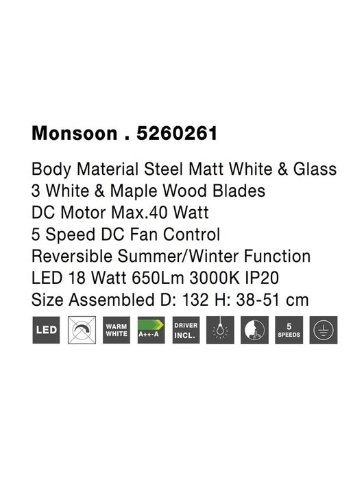 MONSOON Fan Body Material Steel Matt White&Glass 3ABS Wood Blades