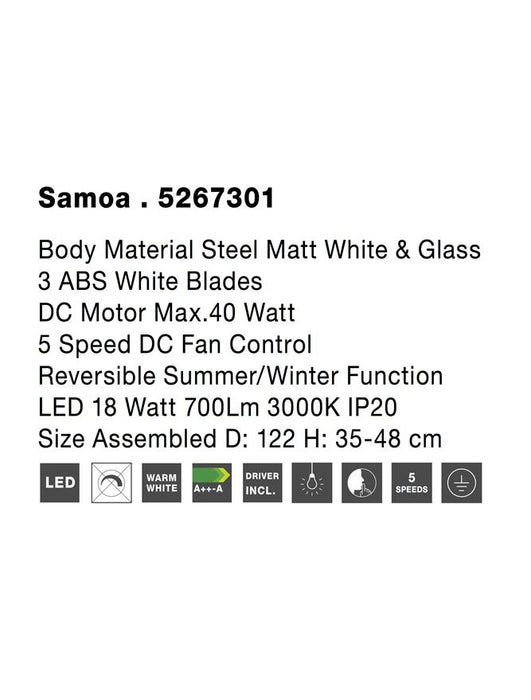 SAMOA Fan Body Material Steel Matt Black&Glass 3 Wood Blades